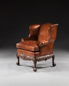 19TH C MAHOGANY LEATHER UPHOLSTERED WINGBACK ARMCHAIR IN THE GEORGE II MANNER - 2532364