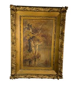 19TH CENTURY AUTUMN TREES LAKE BANK PAINTING BY E K HUNT - 4503391