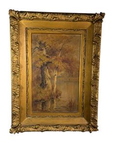 19TH CENTURY AUTUMN TREES LAKE BANK PAINTING BY E K HUNT - 4503394