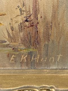 19TH CENTURY AUTUMN TREES LAKE BANK PAINTING BY E K HUNT - 4503396