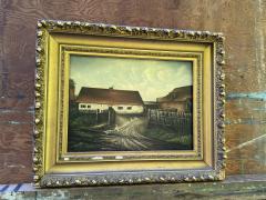 19TH CENTURY FARMHOUSE LANDSCAPE GAGGLE OF GEESE PIGEONS ON ROOFTOP PAINTING - 4755465