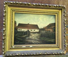 19TH CENTURY FARMHOUSE LANDSCAPE GAGGLE OF GEESE PIGEONS ON ROOFTOP PAINTING - 4758323