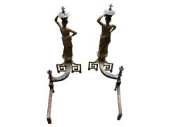 19TH CENTURY GILT BRONZE GRECIAN DRAPED WOMAN ANDIRONS WITH GREEK KEY BASES - 4697145