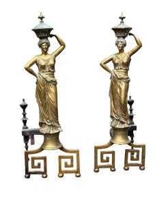 19TH CENTURY GILT BRONZE GRECIAN DRAPED WOMAN ANDIRONS WITH GREEK KEY BASES - 4698267