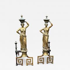 19TH CENTURY GILT BRONZE GRECIAN DRAPED WOMAN ANDIRONS WITH GREEK KEY BASES - 4698271