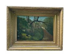 19TH CENTURY GOAT FAMILY ON HILLY LANDSCAPE IN ORIGINAL GILT FRAME PAINTING - 4738996