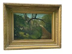 19TH CENTURY GOAT FAMILY ON HILLY LANDSCAPE IN ORIGINAL GILT FRAME PAINTING - 4738997