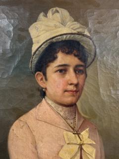 19TH CENTURY PORTRAIT OF A WOMAN IN FANCY BOWED PINK DRESS RIBBONED HAT - 4637261
