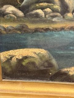 19TH CENTURY UNIQUELY COLORED RIVER IN FORESTED STONE CANYON OIL PAINTING - 4494817