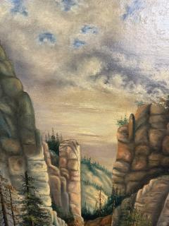 19TH CENTURY UNIQUELY COLORED RIVER IN FORESTED STONE CANYON OIL PAINTING - 4494818