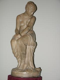 19th C French Antique Signed Taupe Terracotta Sculpture of Woman And Sparrows - 4329559