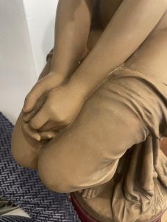 19th C French Antique Signed Taupe Terracotta Sculpture of Woman And Sparrows - 4329560