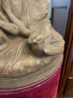 19th C French Antique Signed Taupe Terracotta Sculpture of Woman And Sparrows - 4329561