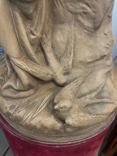 19th C French Antique Signed Taupe Terracotta Sculpture of Woman And Sparrows - 4329562