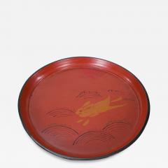 19th C Japanese Red Lacquer Tray with Rabbit Running Over Waves Under Full Moon - 1825749