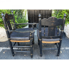 19th C Style Black Gold Chinoiserie Rush Seat French Country Arm Chairs - 2708240