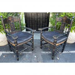 19th C Style Black Gold Chinoiserie Rush Seat French Country Arm Chairs - 2708292