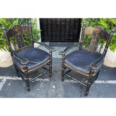 19th C Style Black Gold Chinoiserie Rush Seat French Country Arm Chairs - 2708293