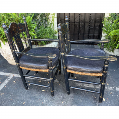 19th C Style Black Gold Chinoiserie Rush Seat French Country Arm Chairs - 2708294