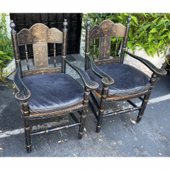 19th C Style Black Gold Chinoiserie Rush Seat French Country Arm Chairs - 2708295