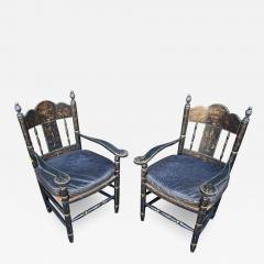19th C Style Black Gold Chinoiserie Rush Seat French Country Arm Chairs - 2710381