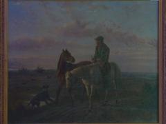 19th Century Antique Equestrian Oil Landscape Painting of Figure w Horses - 961678