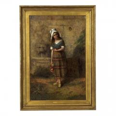 19th Century Antique Oil Painting of Young Girl at Wall Fountain  - 861479