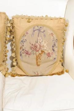 19th Century Aubusson Tapestry Pillows with Ribbon Tied Bouquets and Tassels - 3422907