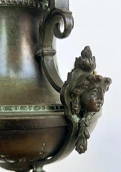 19th Century Bronze Urns with Gilt Cartouches on Stone Bases Pair - 3780596