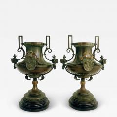 19th Century Bronze Urns with Gilt Cartouches on Stone Bases Pair - 3782128