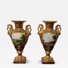 19th Century Empire Amphora Vases in Gilded Porcelain with Handles of Swans - 4195101