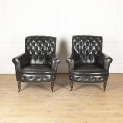 19th Century English Black Leather Armchairs - 3622907