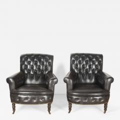 19th Century English Black Leather Armchairs - 3624845