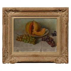 19th Century Framed Oil Still Life Painting of Fruit Grapes and Melon - 3415238
