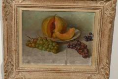 19th Century Framed Oil Still Life Painting of Fruit Grapes and Melon - 3415300