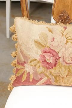19th Century French Aubusson Tapestry Pillow with Floral Basket and Tassels - 3441624