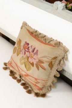 19th Century French Aubusson Tapestry Pillow with Purple Flowers and Tassels - 3422445