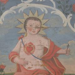 19th Century French Folk Art Painted Wooden Panel With Baby Christ Figure - 4478424