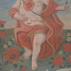 19th Century French Folk Art Painted Wooden Panel With Baby Christ Figure - 4478426