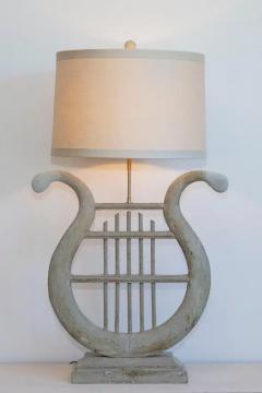 19th Century French Gustavian Lyre Table Lamp in Distressed Wood with Shade - 4001802