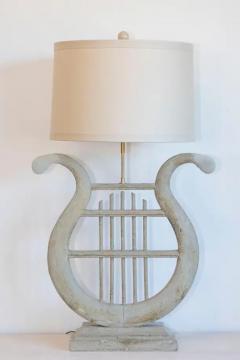 19th Century French Gustavian Lyre Table Lamp in Distressed Wood with Shade - 4001844