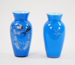 19th Century French Pair Hand Painted Decorated Art Glass Vases - 3282555