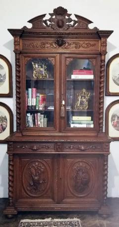19th Century French Provincial Highly Carved Oak Hunt Bookcase - 4128291