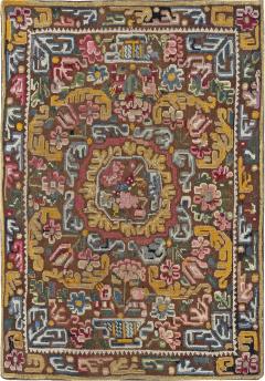 19th Century Geometric Floral Motifs Brown Yellow Needlework Carpet - 2457404
