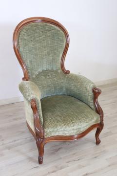 19th Century Italian Louis Philippe Walnut Antique Armchair with Velvet Seat - 2550577