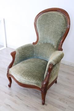 19th Century Italian Louis Philippe Walnut Antique Armchair with Velvet Seat - 2550580