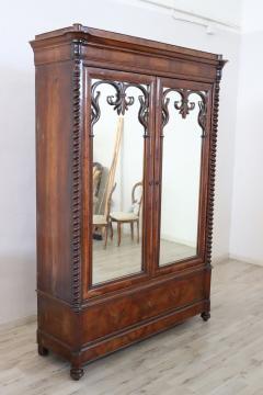19th Century Italian Solid Walnut Wood Antique Armoire with Mirror - 2227490
