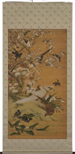 19th Century Japanese Scroll Painting Birds Flowers of the Four Seasons  - 3720286
