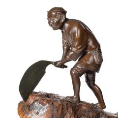 19th Century Meiji Period Bronze of a Woodcutter Sawing a Large Tree Trunk - 1105829