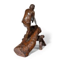 19th Century Meiji Period Bronze of a Woodcutter Sawing a Large Tree Trunk - 1105835